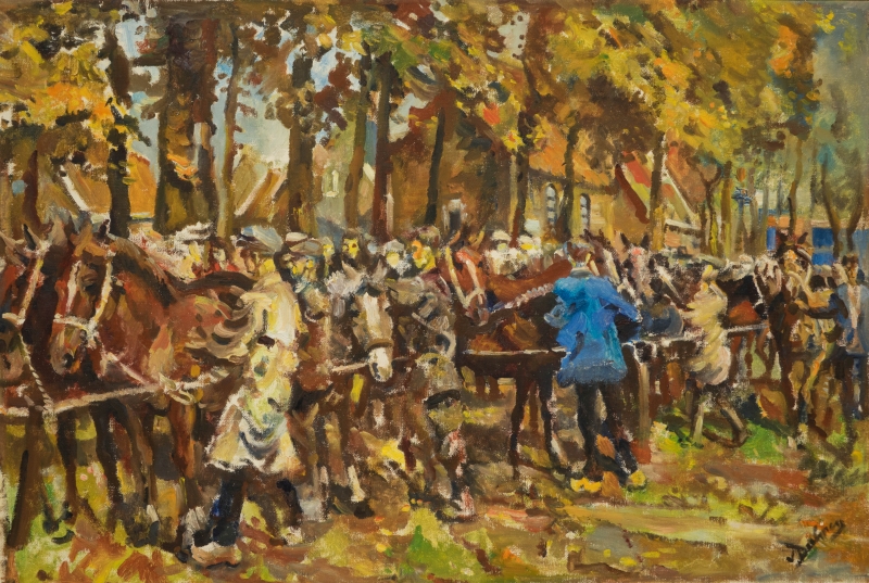 Olieverfschilderij door van Dulmen Krumpelman van de Paardenmarkt Zuidlaren met een rij paarden en daarvoor twee handelaren