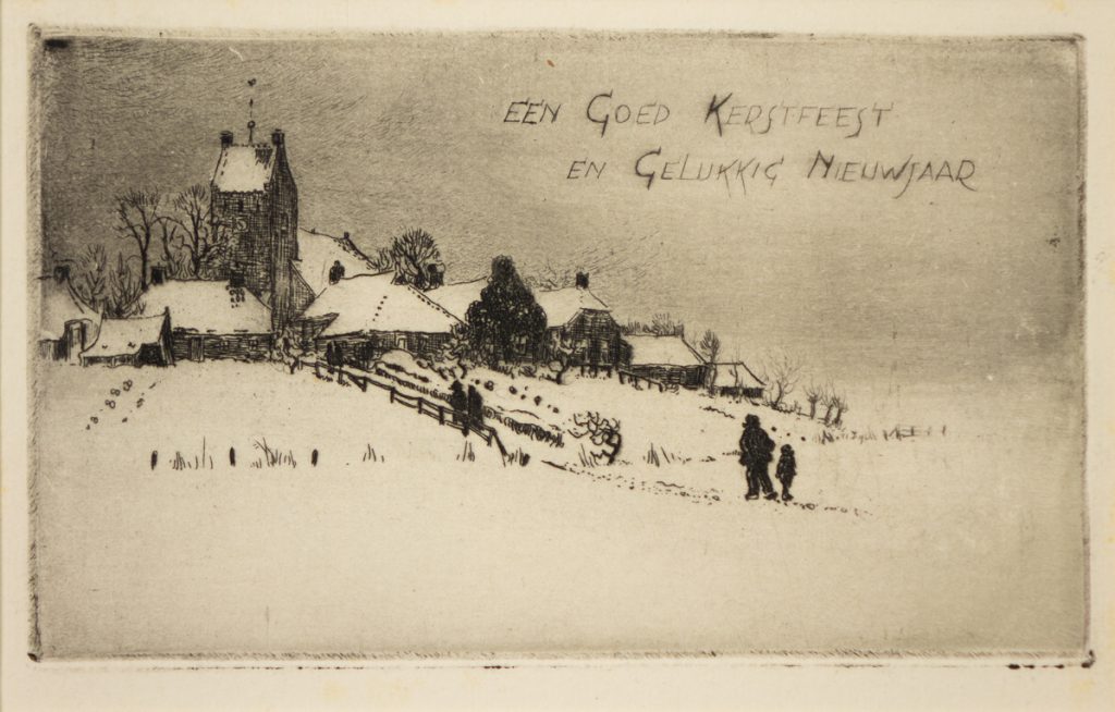 Ets van Riekele Prins van een Gronings terpdorp in de sneeuw met rechts gelukwensen als tekst.